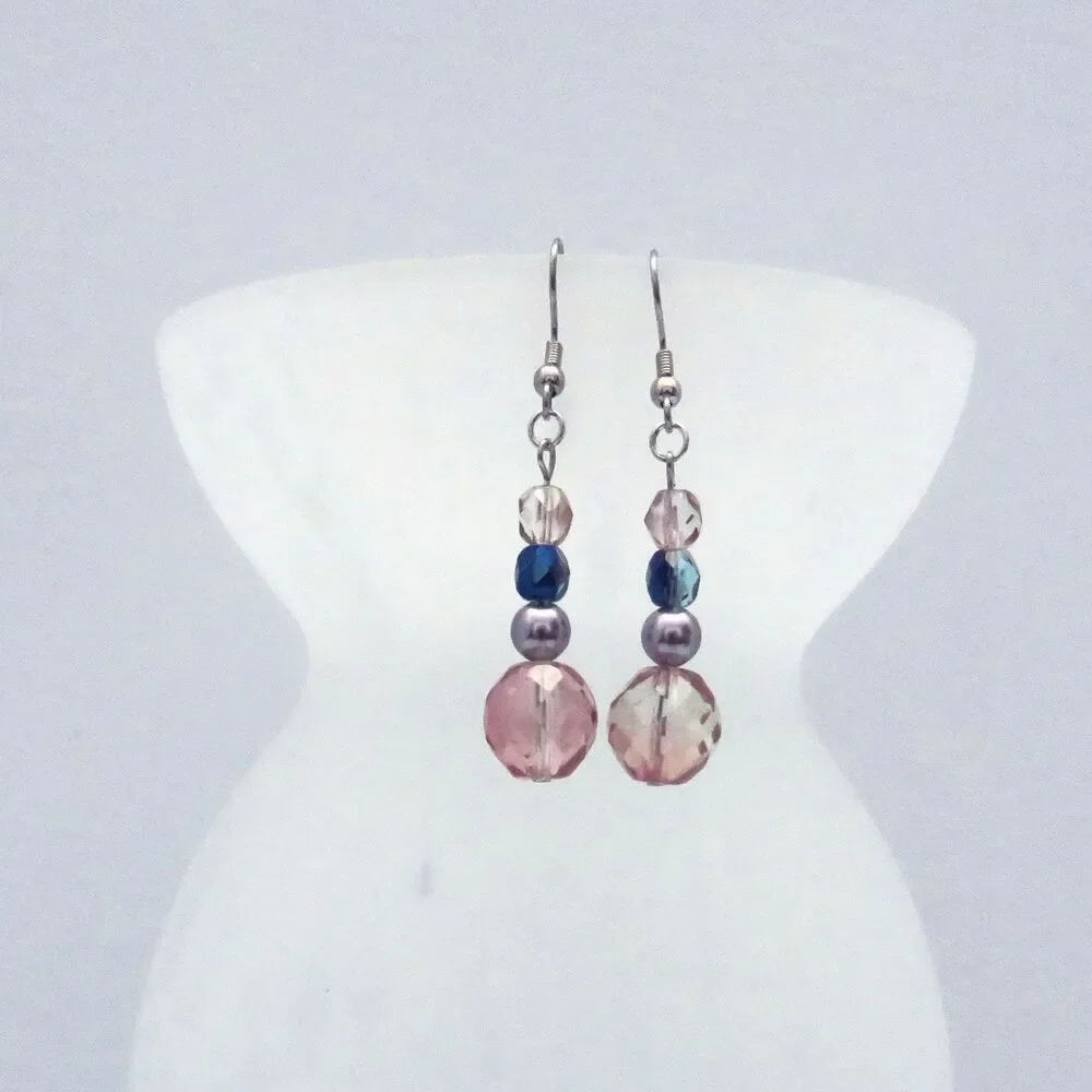 Dangle Earrings for Women, Crystal and Pearl Blue & Pink Handmade Drop Earrings